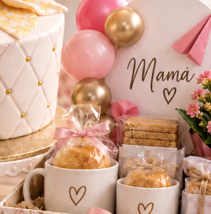Caja de regalo con tazas, dulces envueltos, flores y globos en tonos rosa y dorado.