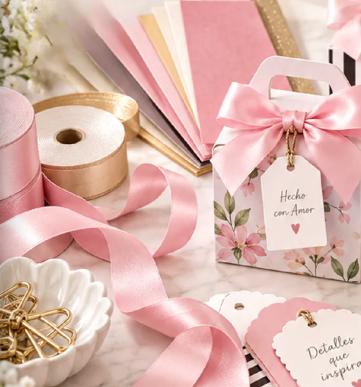 Papeles, cintas, tijeras y cajas de regalo en tonos rosa sobre una mesa de trabajo.